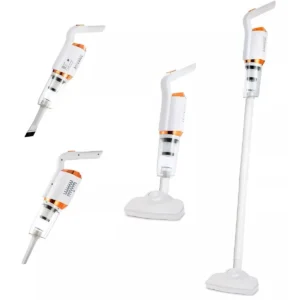 Aspiradora de mano blanca con accesorios desmontables.