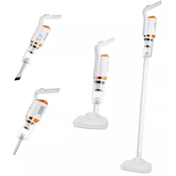 Aspiradora de mano blanca con accesorios desmontables.