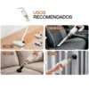 Aspiradora inalámbrica limpiando piso, sofá, silla de auto y cortina.