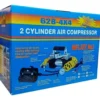 Caja azul de compresor de aire de dos cilindros con imagen del producto.