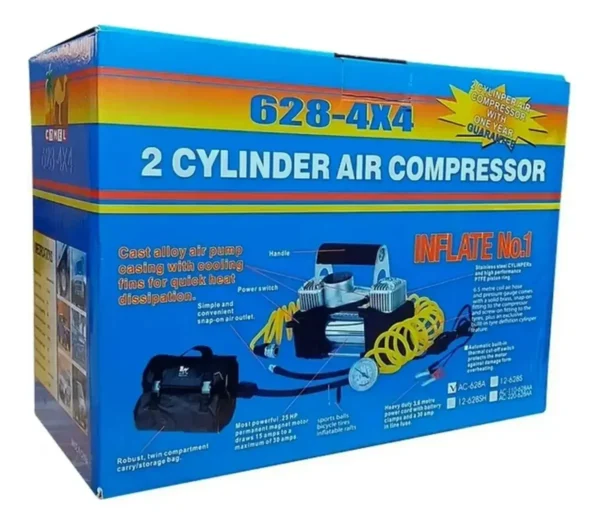 Caja azul de compresor de aire de dos cilindros con imagen del producto.