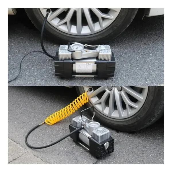 Compresor de aire portátil inflando neumático de automóvil.