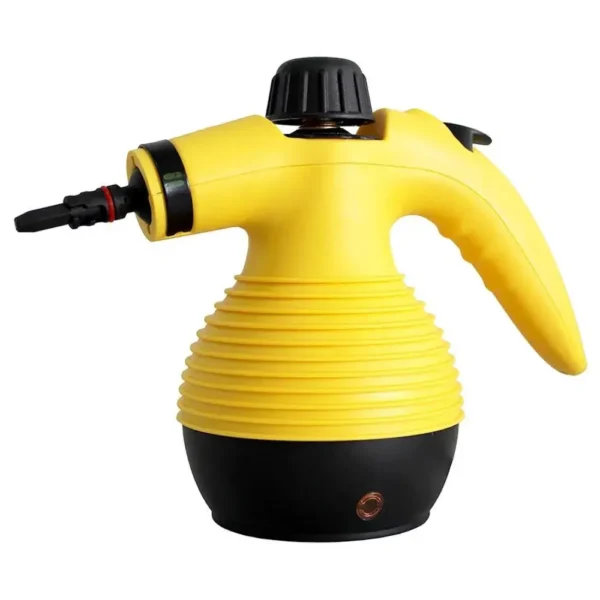 Limpiador a Vapor Eléctrico Compacto Limpiador a vapor amarillo con diseño ergonómico y base negra.