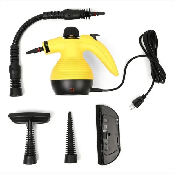 Limpiador a Vapor Portátil con Accesorios Limpiador a vapor portátil amarillo con accesorios incluidos.