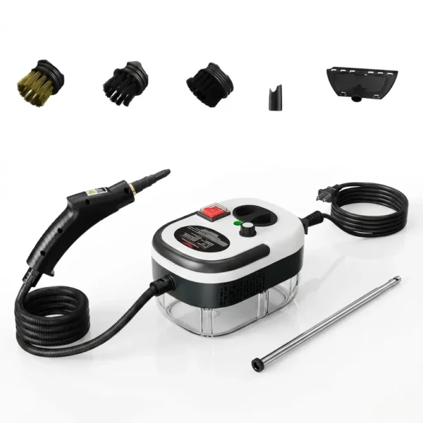 Limpiador a vapor con accesorios y diseño ergonómico.