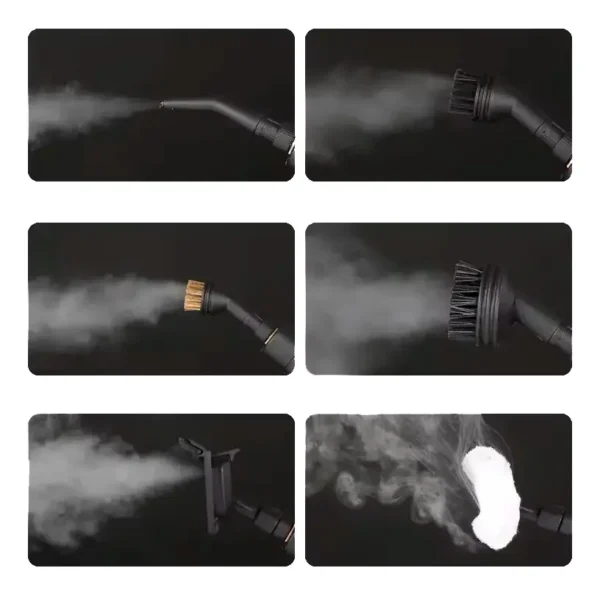 Accesorios del limpiador a vapor mostrando diferentes boquillas y cepillos emitiendo vapor.