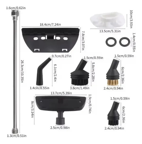 Accesorios de limpiador a vapor con dimensiones detalladas.