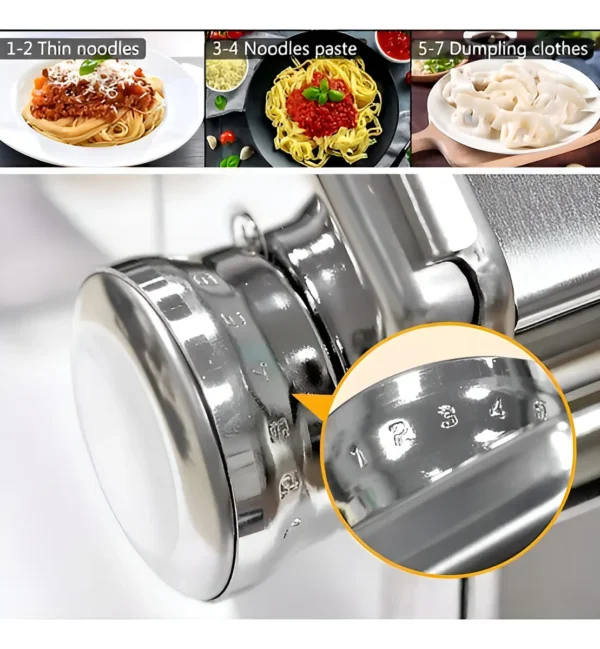Primer plano de una máquina para hacer pasta con ajuste de grosor.