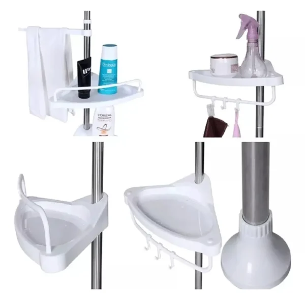 Organizador de baño esquinero blanco con estantes ajustables.