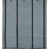 Armario plegable gris con estructura tubular y cubierta de tela.