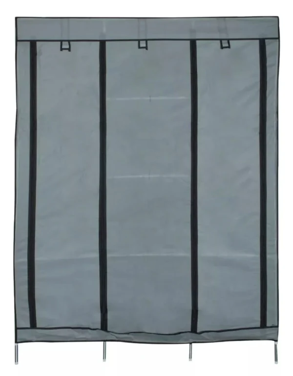 Armario plegable gris con estructura tubular y cubierta de tela.