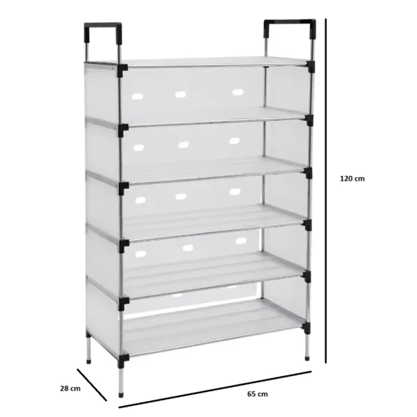 Organizador de zapatos de 6 niveles con estructura metálica y cubierta blanca.