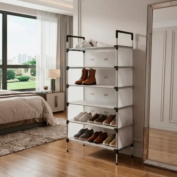 Zapatero organizador de 6 niveles en un dormitorio moderno.