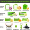 Cuchillas y accesorios variados para cortar y rallar verduras.