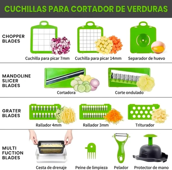 Cuchillas y accesorios variados para cortar y rallar verduras.