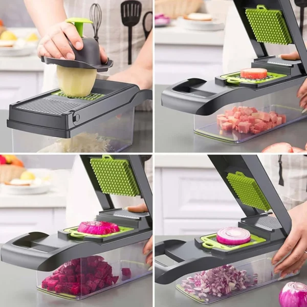 Cortador de verduras multifunción en uso mostrando diferentes cortes.