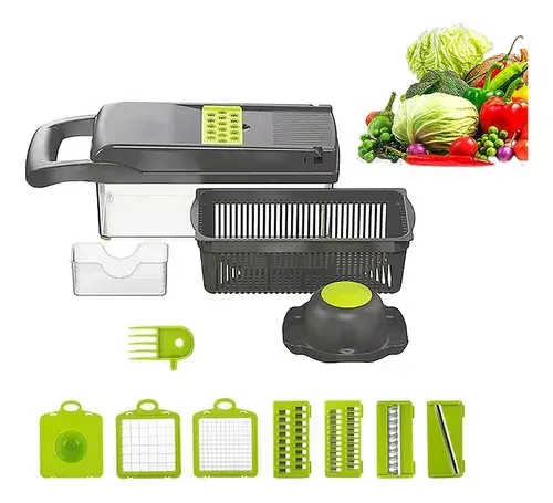 Rallador picador de verduras con múltiples cuchillas y cesta de drenaje.