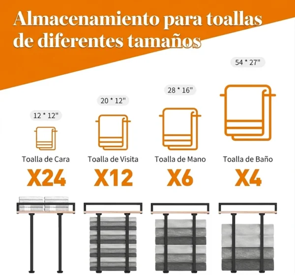 Toallero plegable con estante y ganchos Toallero plegable con estante de madera y ganchos.