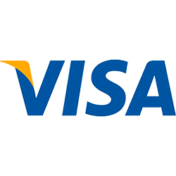 Logo de Visa con letras azules y detalle amarillo sobre fondo negro.