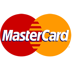Logo de MasterCard con dos círculos superpuestos, uno rojo y otro naranja, y texto blanco.