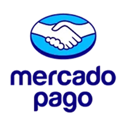 Logotipo de Mercado Pago con un apretón de manos en un círculo azul sobre fondo negro.