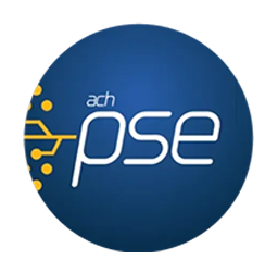 Logotipo circular azul de PSE con diseño de circuitos amarillos a la izquierda.